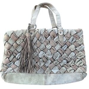 👜 Zara Woven Leather Tote Laptop Bag Beige Tan Large Fringe Boho Shoulder Purse